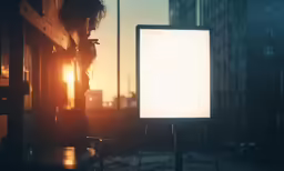 an electronic screen sitting in a room next to a lamp