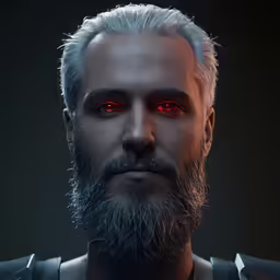 a man with a grey hair and beard and red eyes