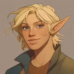 a close up of an anime character with blonde hair and a green jacket