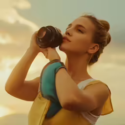 a woman looking up with her eyes closed while holding a camera