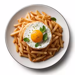 an egg on a top of some fries on a plate