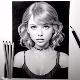 a woman with blond hair is standing in front of a black and white photo