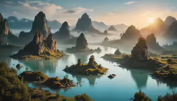 a landscape with mountains and rocks on the side