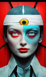 a woman with white hair and blue makeup in front of red wall