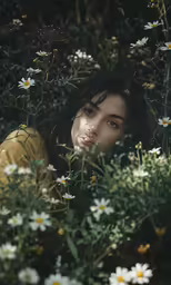 woman in field of daisies looking through the grass