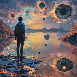 a person with backpack standing in front of an image with all planets