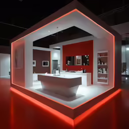 an indoor store display with red lights in the background