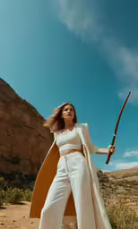 a woman dressed in white holding a staff
