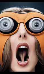 a woman with her tongue out looking through the eyes of a pair of huge eyes