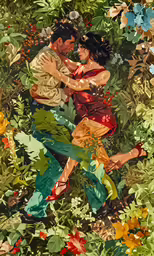 a painting of two people in the leaves of some plants