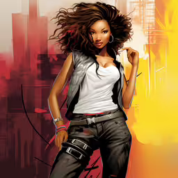 a beautiful young black woman wearing pants and a white shirt,the girl with a black hair and white shirt is standing with a red background