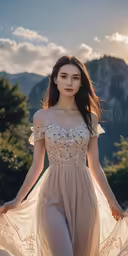 a woman in a white dress is walking in the sand