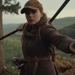 a woman in uniform with a gun in a mountainous area