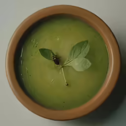 a brown bowl containing a soup with leaf sprouts