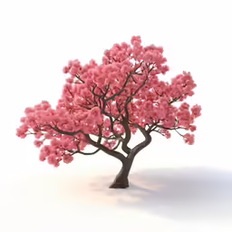 a pink tree in the snow on a white surface