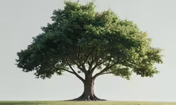 a tree in a grassy field with a sky background