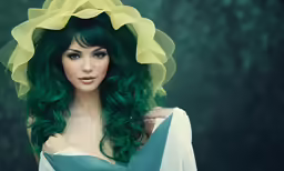 a woman with green hair wearing a green bonnet
