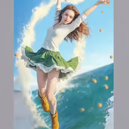woman with orange splashes running through the air