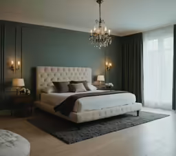 a fancy bedroom is decorated in green and brown colors