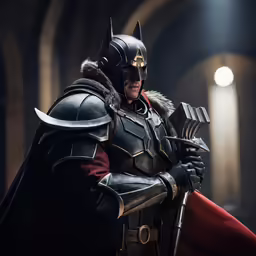 a man in costume poses in a dark room with a helmet