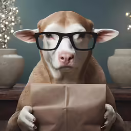 dog with eye glasses peeking over envelope at camera