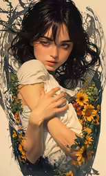 a digital painting of a woman with sunflowers around her neck