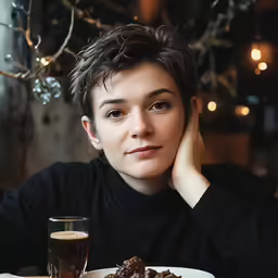 there is a woman that is sitting at a table with food