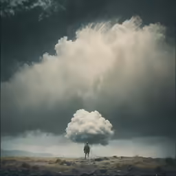 a lone person stands in a field under a big cloud