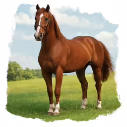 a large brown horse standing in the middle of a field