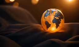 a lit up globe sitting on top of a blanket