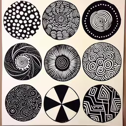 twelve black and white designs are on a wall,many different shapes and sizes in black on white