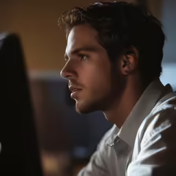 a man wearing glasses looking at the screen on his monitor