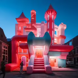 a large red building that has stairs and windows