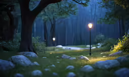 two street lamps standing on a path in the woods