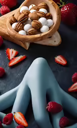 nuts and marshmallows are in a bowl next to strawberrys