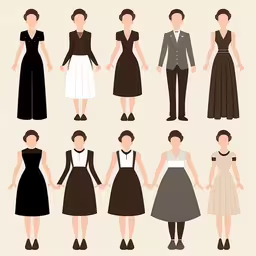 a line up of different dresses and men,a group of people that are standing together