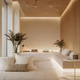 a living room with a white couch and wooden floors