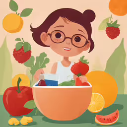 a woman with glasses and fruit around her,a painting shows a child smiling and surrounded by fruit
