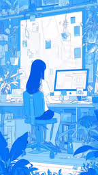 a girl sitting at her computer surrounded by plants,an illustration shows someone working at a computer in front of an image of a plant filled wall