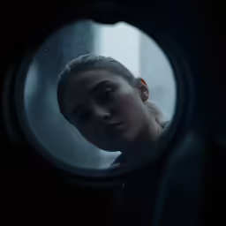 a woman sitting in front of a round mirror
