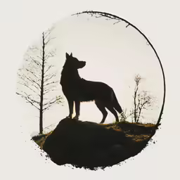 a lone dog sitting on top of a rock with a sky in the background