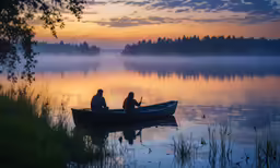 the two men are on the boat enjoying the beautiful sunset