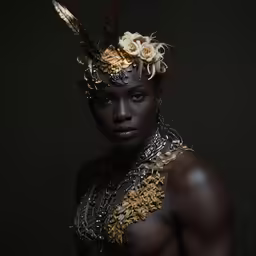 woman wearing dark skin and with flowers in her hair