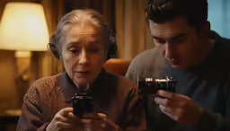 a woman is taking a selfie while holding a camera