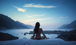 a woman is sitting on a snow covered hill overlooking a body of water