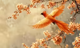 the bird is soaring over some tree blossoms