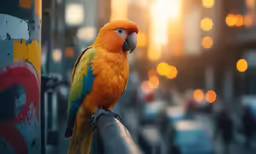 a parrot sitting on top of a metal bar in the street