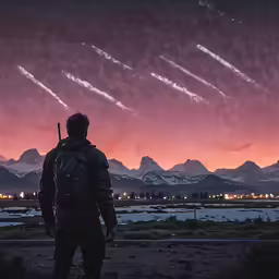 the man is standing with his back to the camera looking at the sky