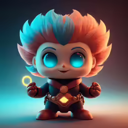 an animated figurine with blue eyes and hair