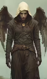 a woman in full armor with large wings on her head